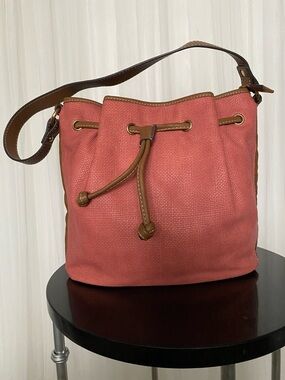 KBG Studio Women's Coral PVC Drawstring Shoulder Bucket Bag with Tan Trim
